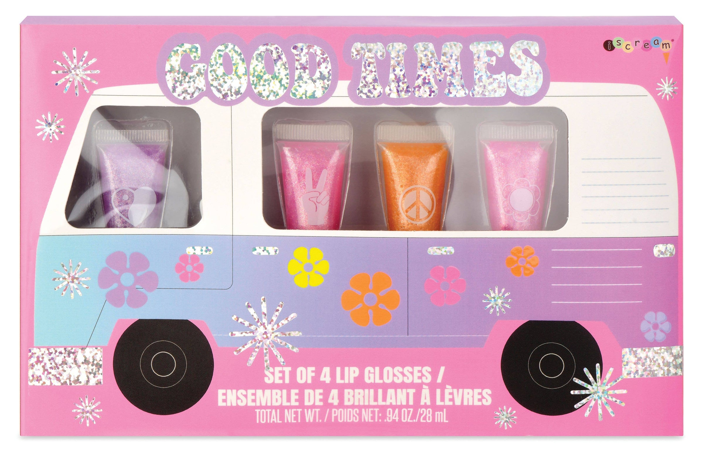 Set of 4 Lip Glosses in Baby Pink, Pink, Purple, and Orange in a van shaped case