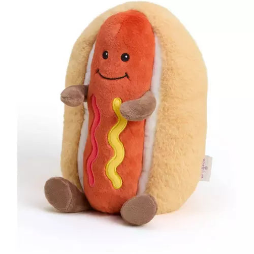 Plush toy hot dog with bun on a white background