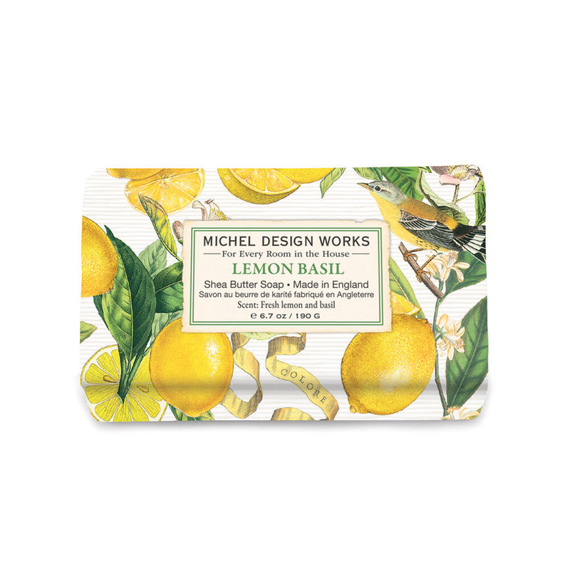 Michel Design Works Lemon Basil soap bar with lemon and basil design on packaging