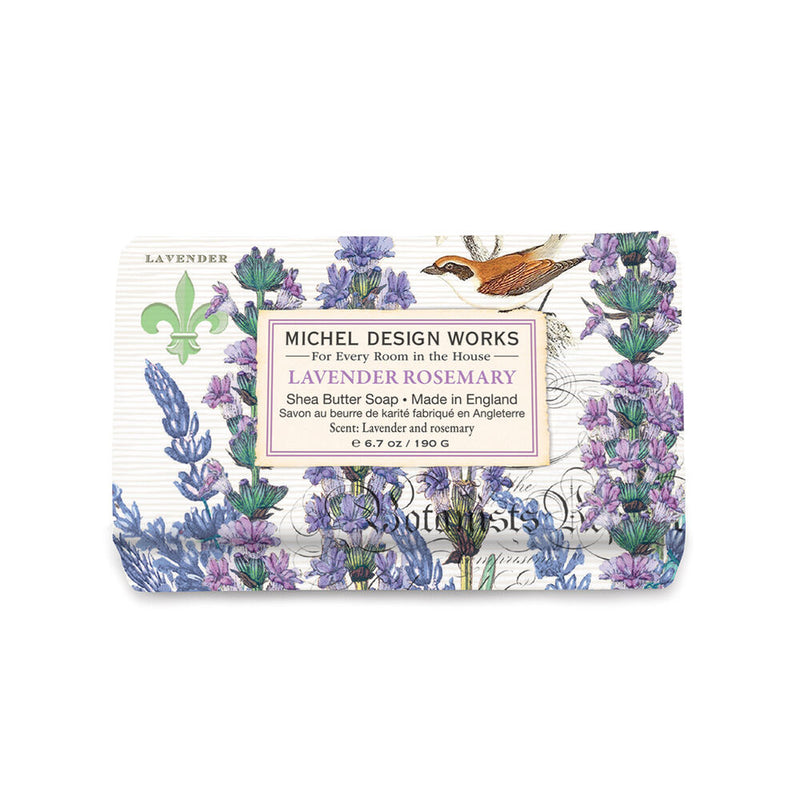 Michel Design Works lavender rosemary soap bar packaging on a white background