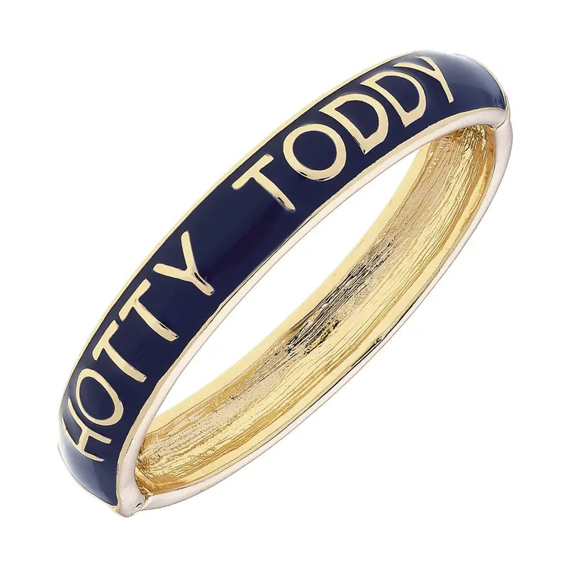 Navy enamel Hinge Bangle Bracelet with words Hotty Toddy in gold on a white background 