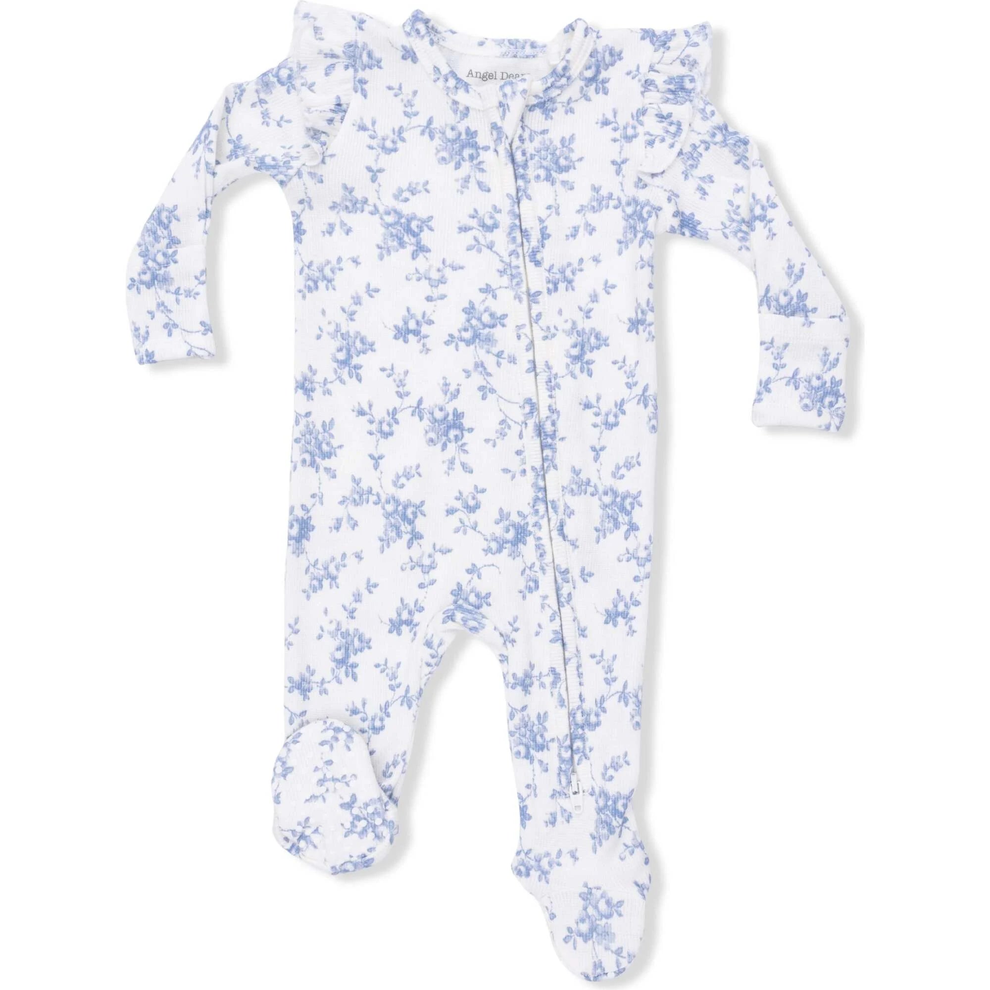 Baby Blue Vines Floral-2 Way Ruffle Back Zipper Footie