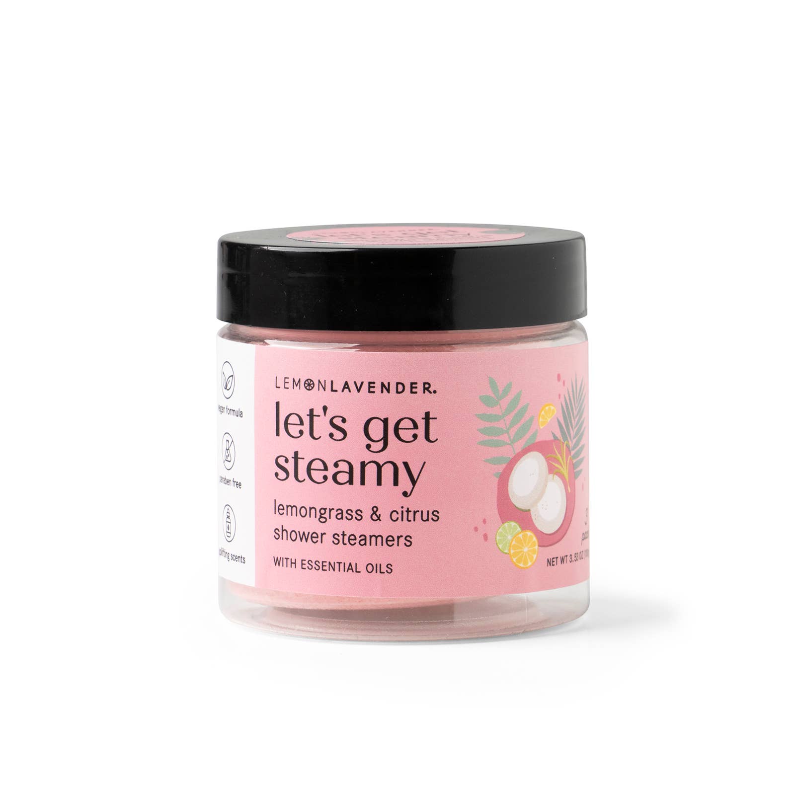 Jar of Lemon Lavender 'let's get steamy' shower steamers on a white background