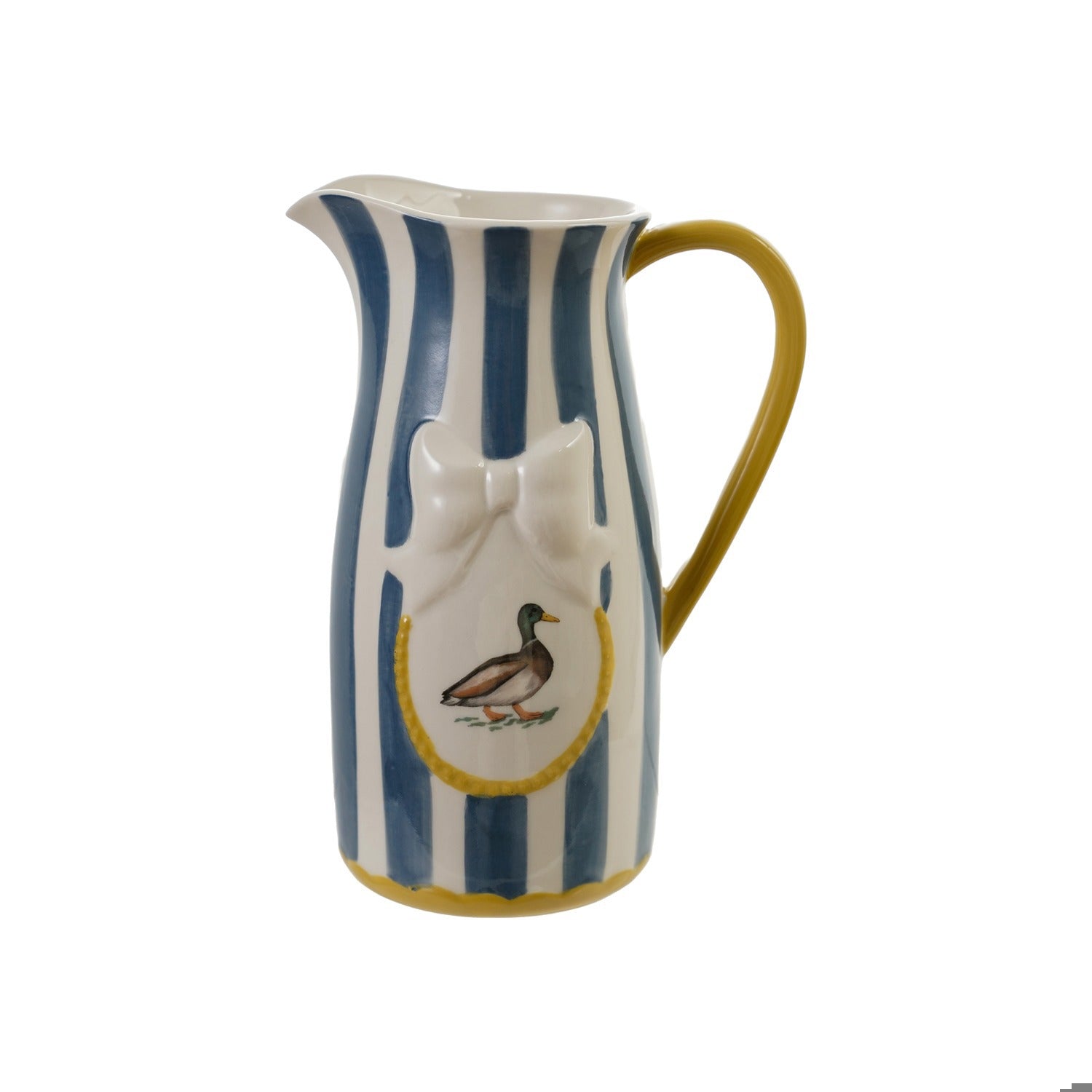 Stoneware Striped Pitcher W Bird & Bow