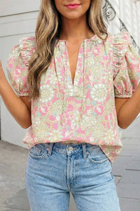 Floral Tie V Neck Short Puff Sleeve Blouse