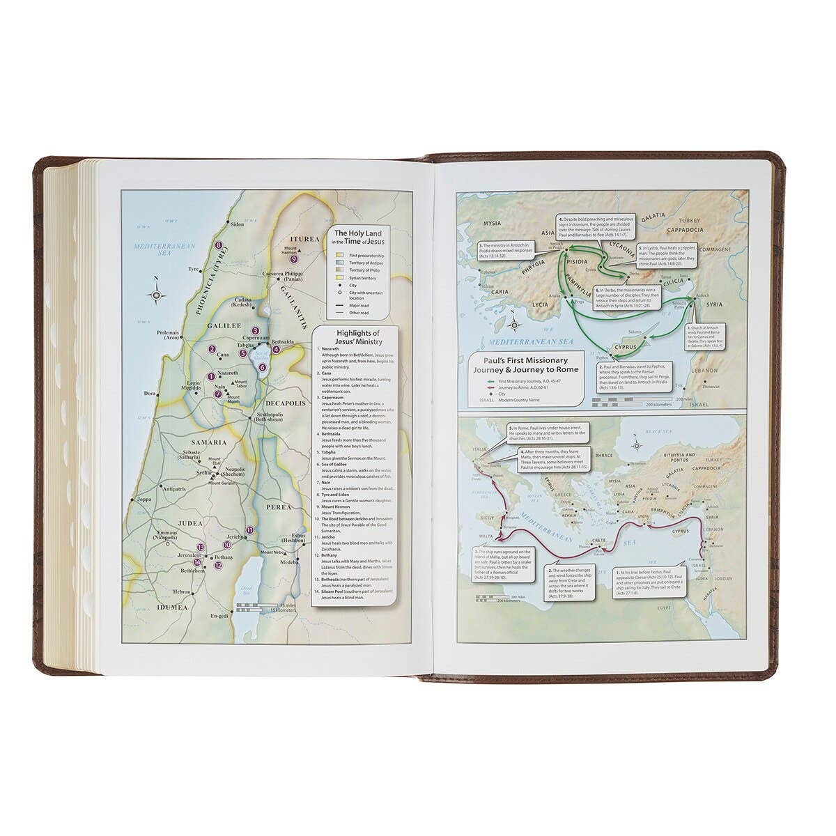 Open book with maps and text on a white background