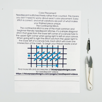 Needlepoint instruction sheet with Continental Stitch diagram and tools on a light gray background