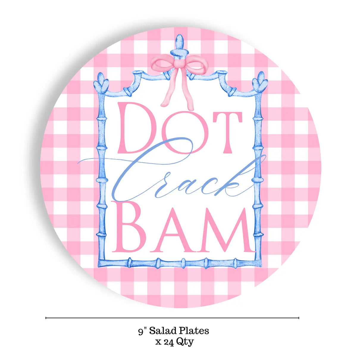 9-inch salad plates with 'Dot Crack Bam' design on a pink and white checkered background