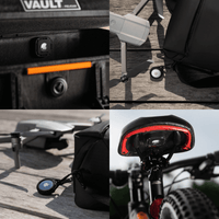 Collage of various products including a black bag, a bike seat with red accents, and a camera on a wooden surface.