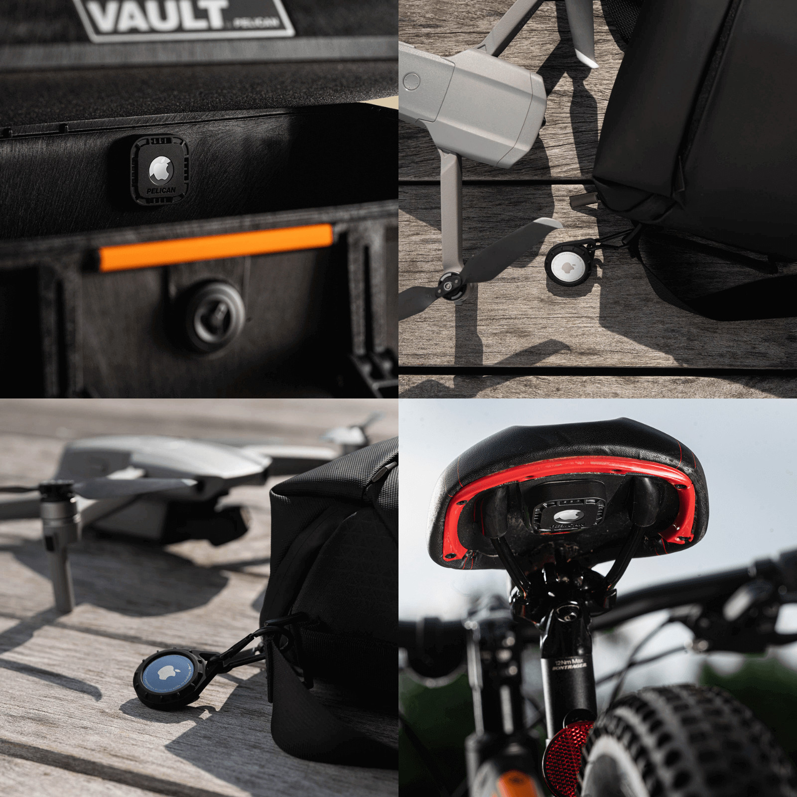Collage of various products including a black bag, a bike seat with red accents, and a camera on a wooden surface.