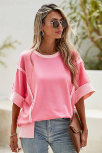 Half Sleeve Raw Seam High Low Side Split Top: Peach Blossom