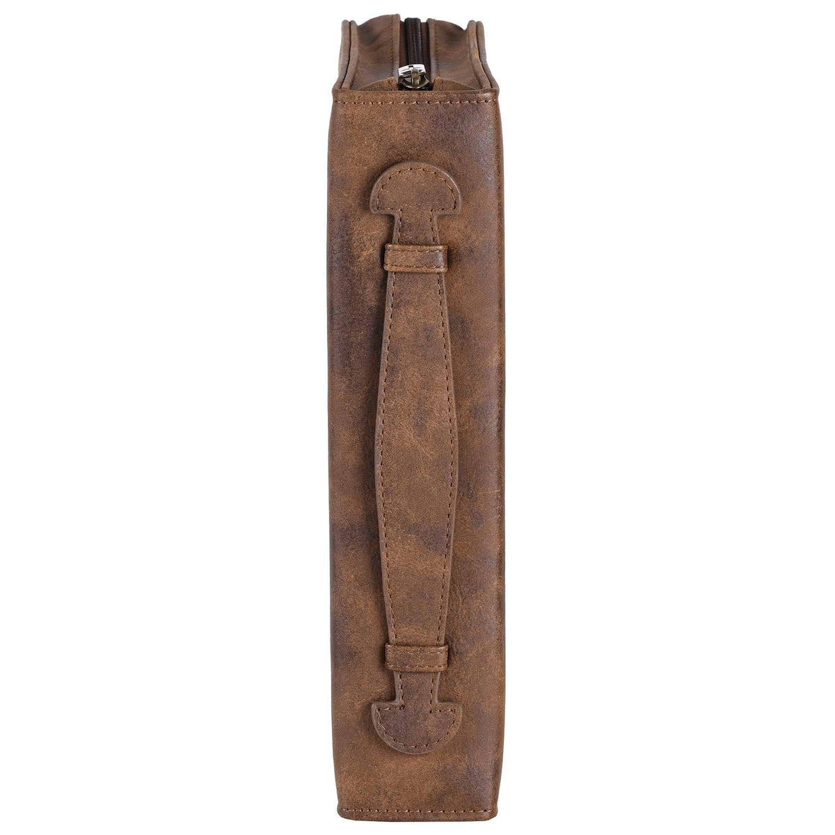 Brown leather bottle holder with a strap on a white background