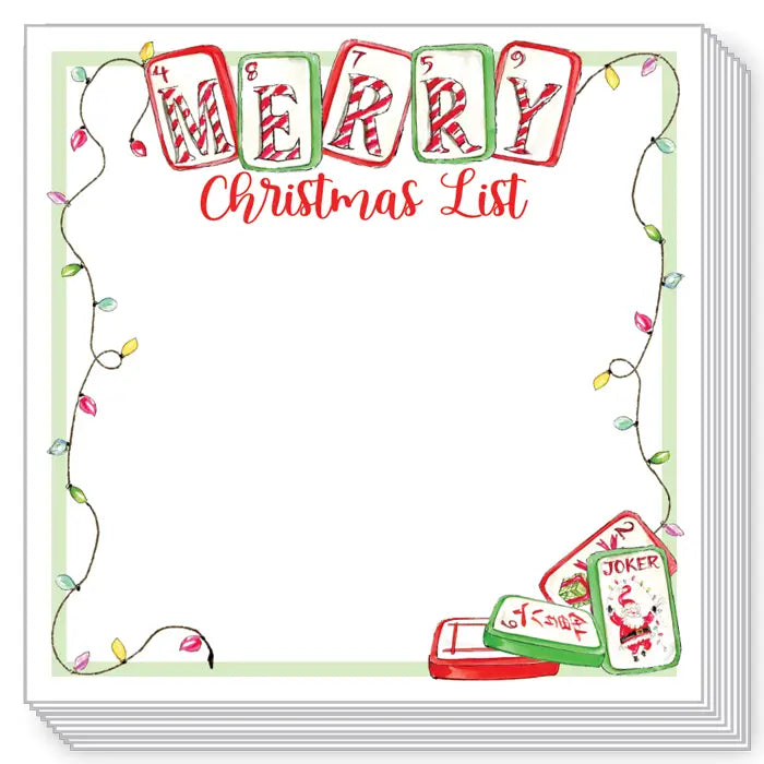 A square Christmas-themed notepad or card with a white writing area, decorated with the words “MERRY Christmas List” in red and green, colorful string lights around the border, and illustrated playing card faces in the bottom right corner.