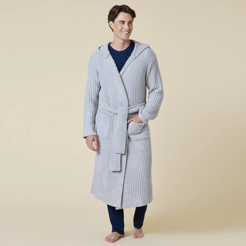 Solid Rib Marshmallow Unisex Hooded Robe- Grey