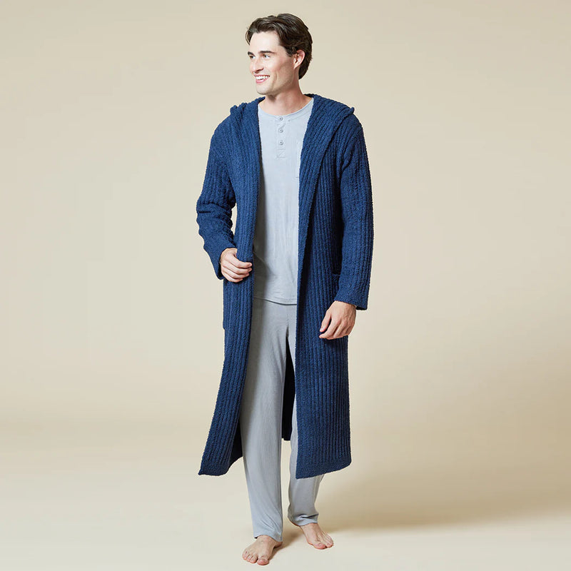 Solid Rib Marshmallow Unisex Hooded Robe- Midnight