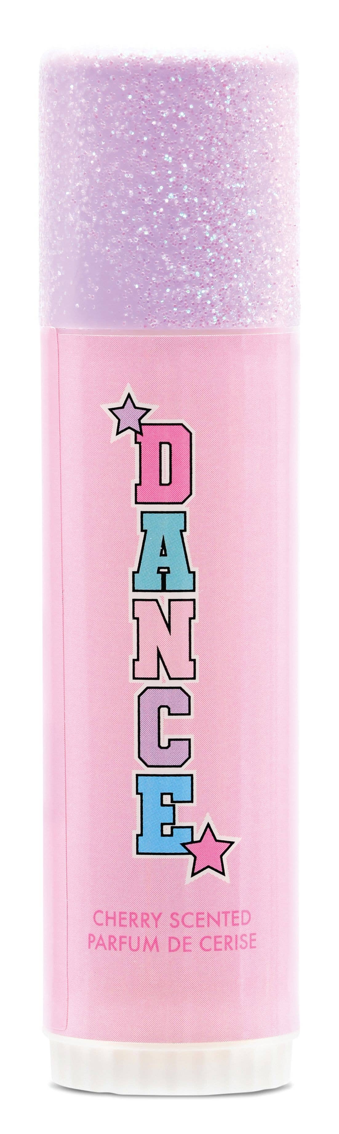 Cherry scented lip balm in pink case with DANCE written on case
