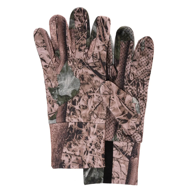 A pair of camouflage hunting gloves with a realistic tree bark and leaf pattern in shades of brown, beige, and green, shown against a plain white background.
