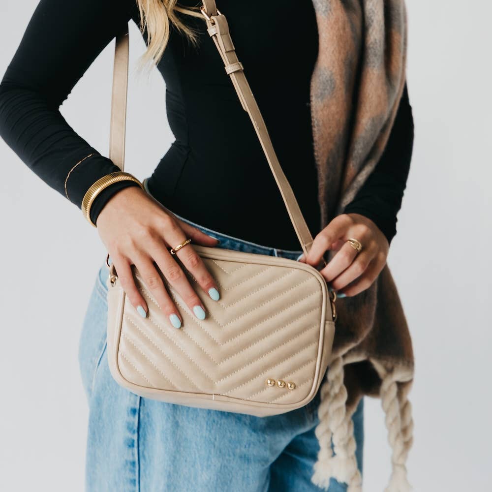 Coco Quilted Camera Crossbody Bag: Taupe