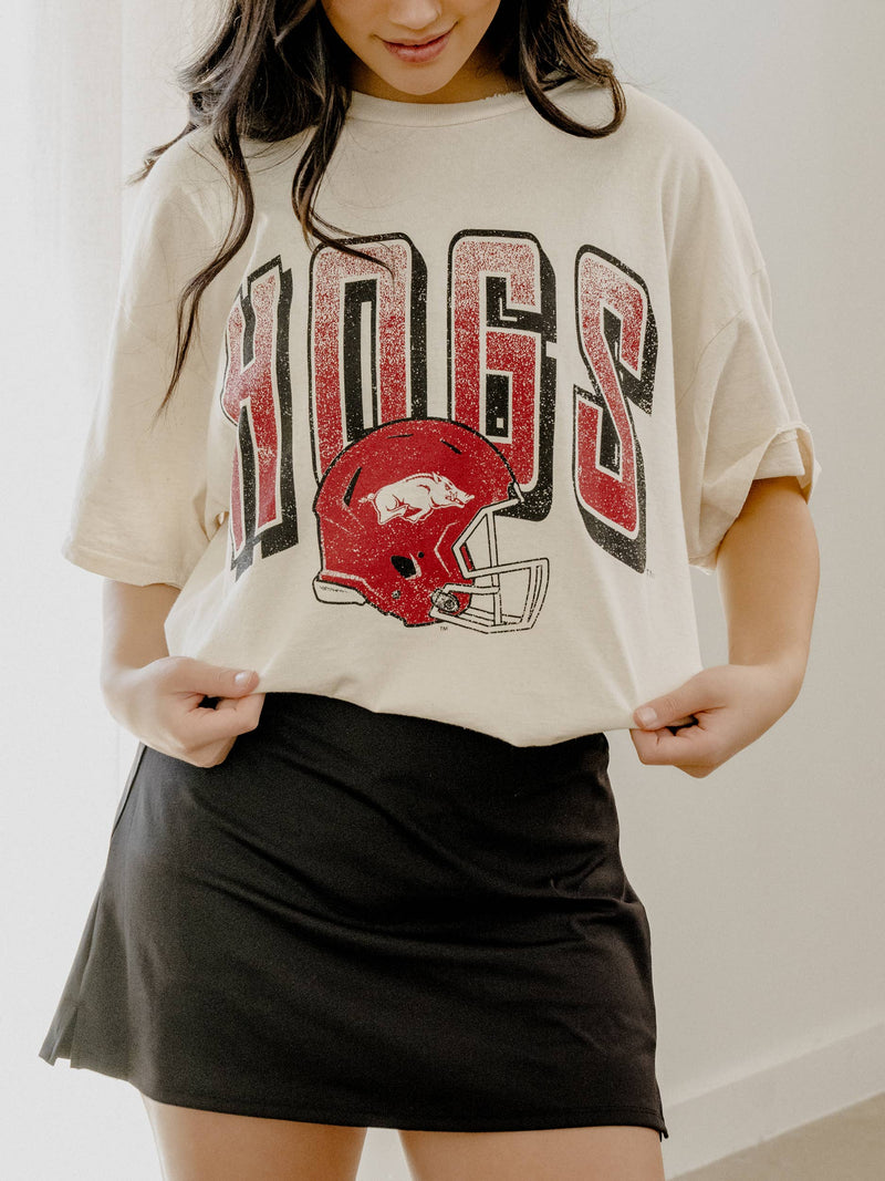 Arkansas Hogs Helmet Fade Off White Thrifted Tee