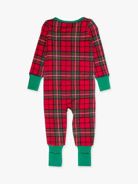 A baby's long-sleeve footless pajama romper featuring a red and green tartan plaid pattern with solid green cuffs and leg openings, shown against a plain light gray background.