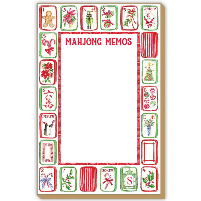 A Christmas-themed notepad with a white writing area bordered by red and green card-style frames featuring holiday illustrations and the title 'MAHJONG MEMOS' at the top.