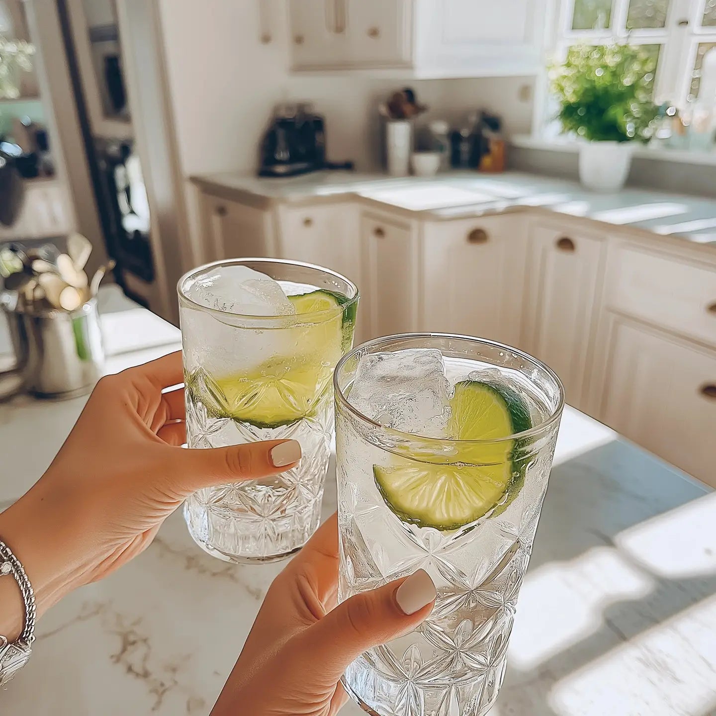 Two hands holding glasses of lemonade with lime slices in a kitchen.