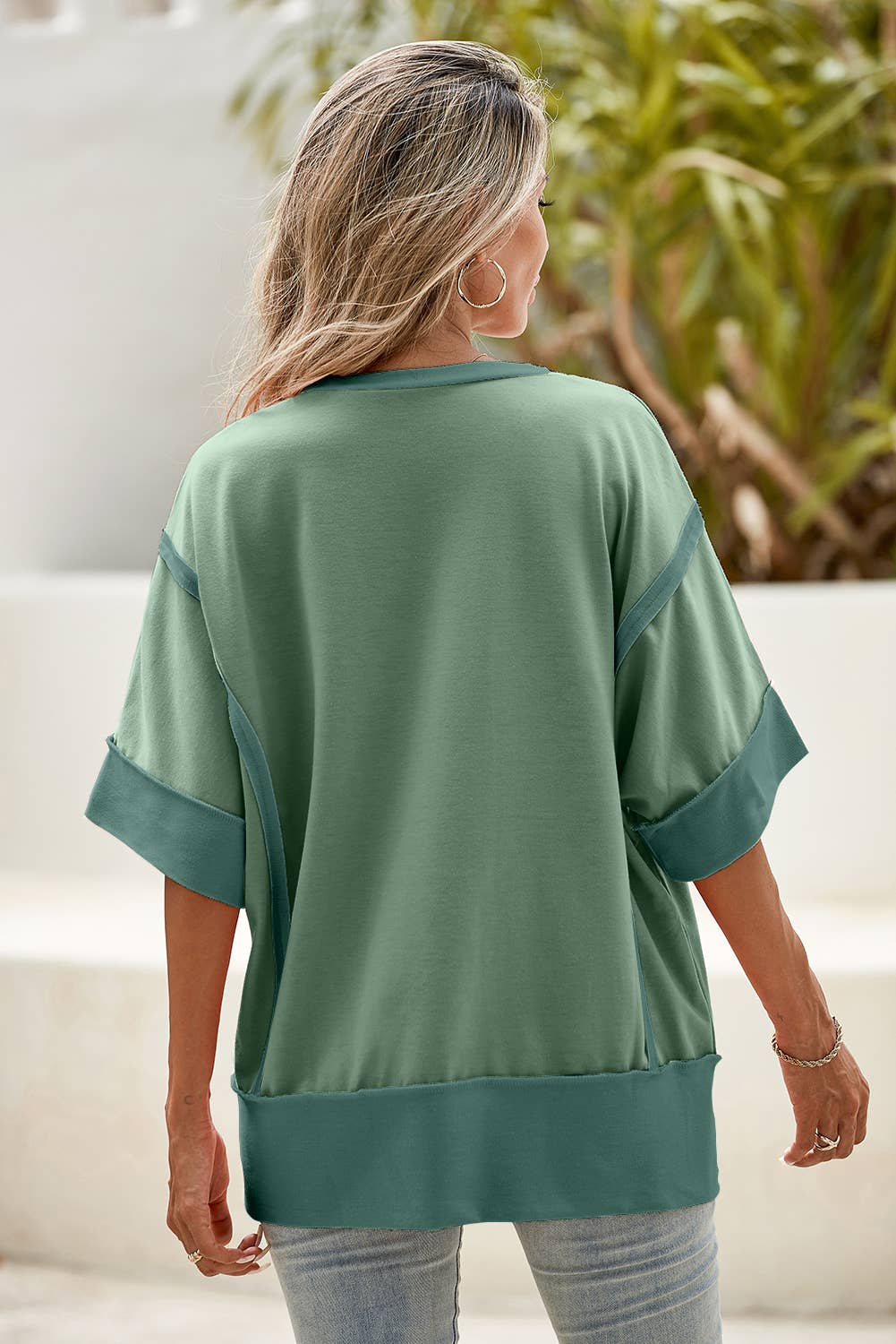 Half Sleeve Raw Seam High Low Side Split Top: Smoke Green