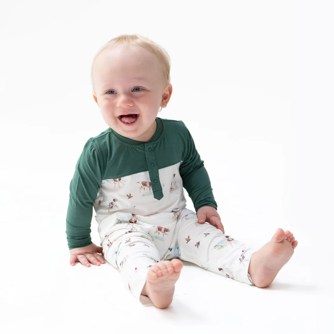 Pointer Pups And Duck Buddies-Romper with Contrast Sleeves