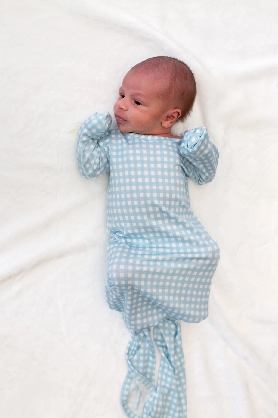 Knotted Infant Gown -Gingham Blue