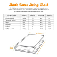 Bible Cover Sizing Chart with measurements for different cover sizes.