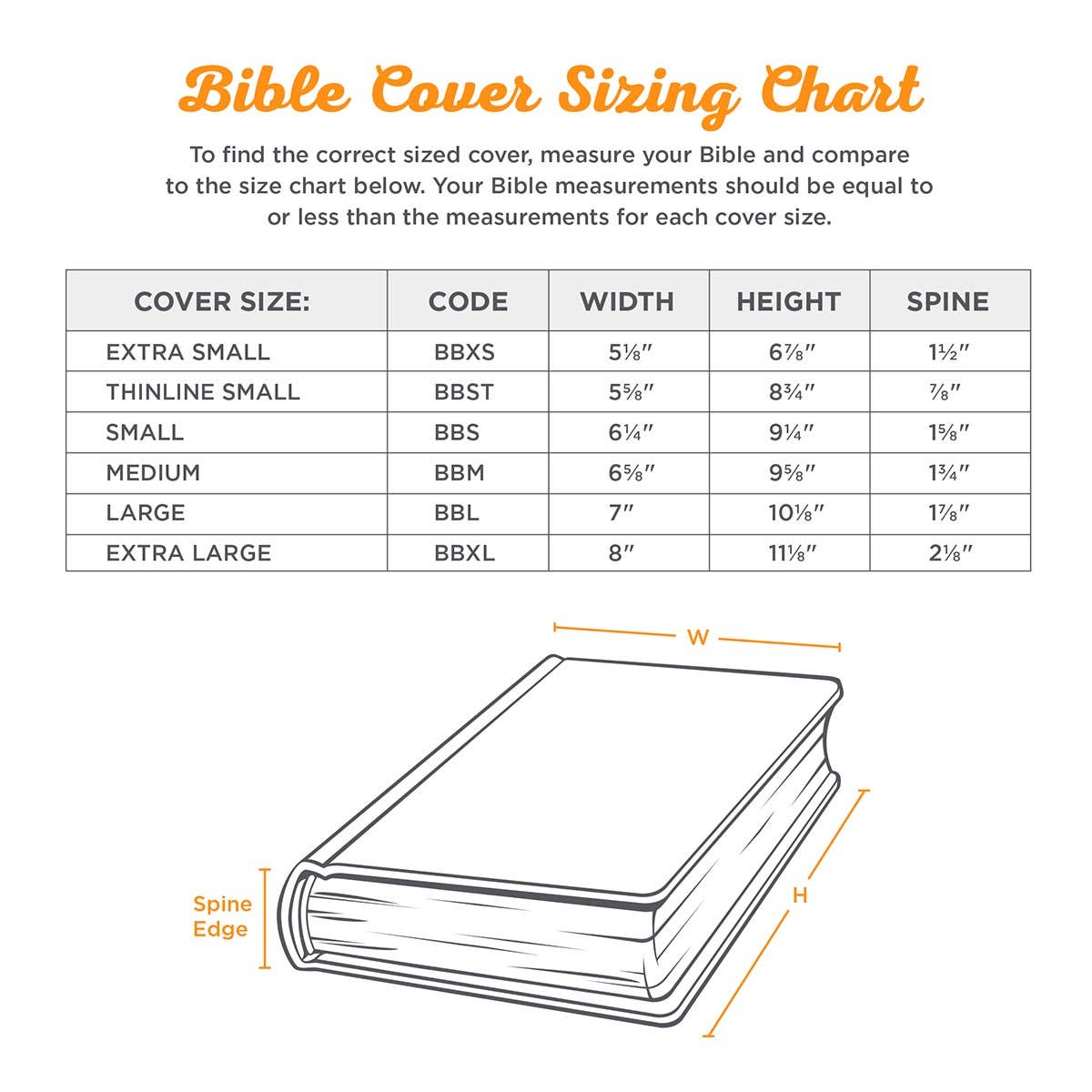 Bible Cover Sizing Chart with measurements for different cover sizes.