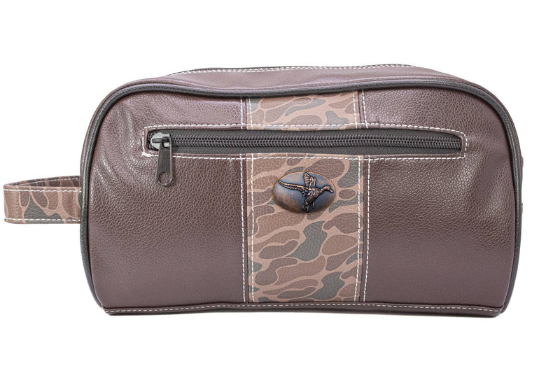 Brown leather toiletry bag with camouflage pattern on a white background