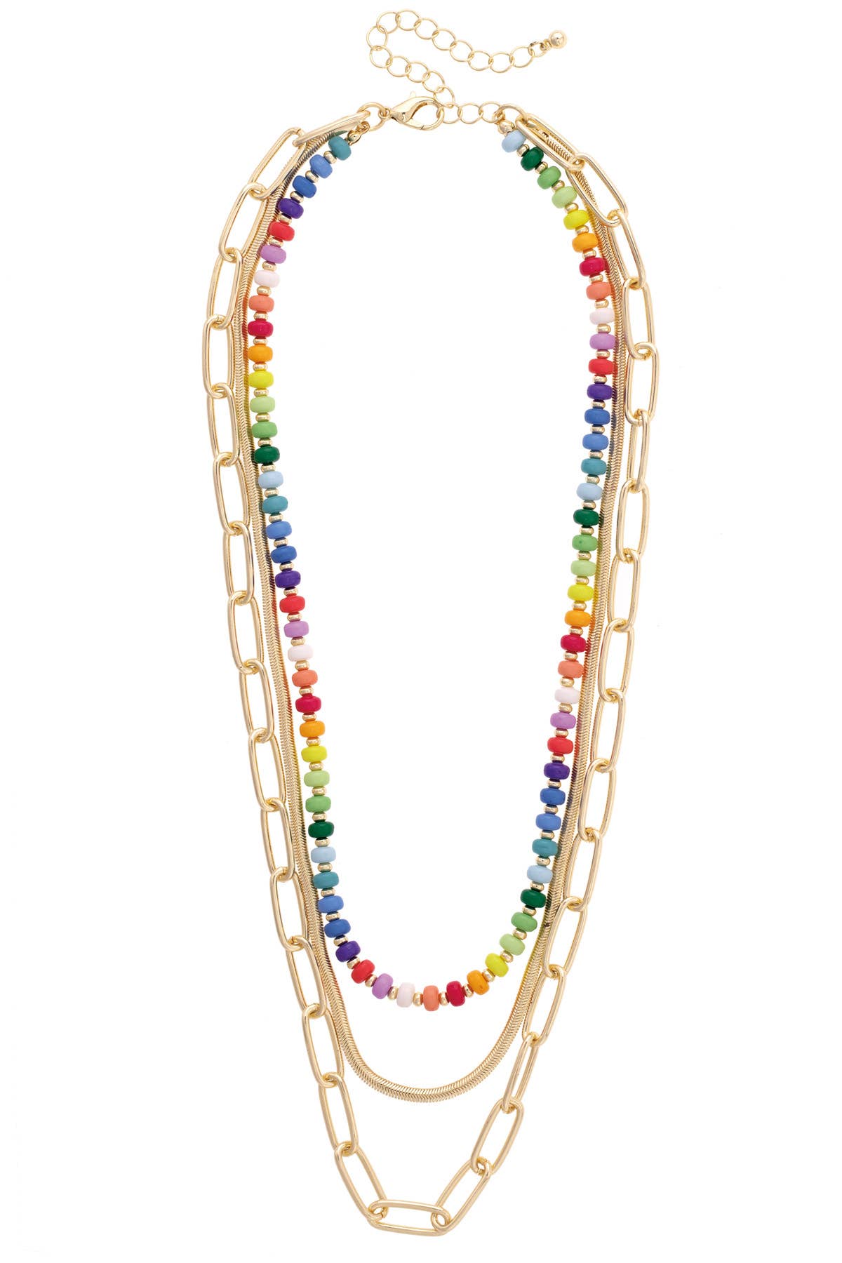Multicolored beaded necklace with gold chain on a white background