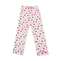White pajama pants with an all-over Christmas print featuring red bows, green mistletoe, and red/green ornaments, shown flat on a white background.