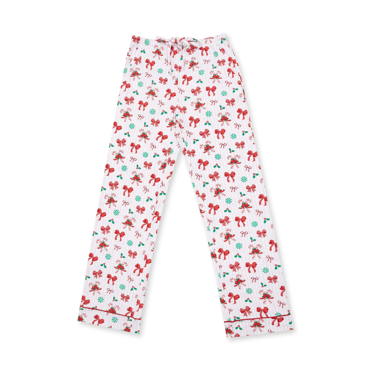 White pajama pants with an all-over Christmas print featuring red bows, green mistletoe, and red/green ornaments, shown flat on a white background.