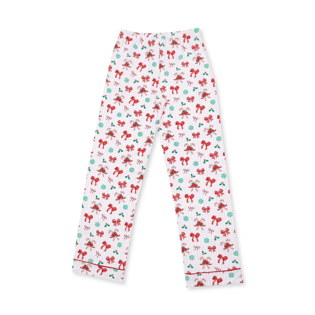 White adult pajama pants with an all-over Christmas print of red bows, green ornaments, and holly, finished with red piping along the cuffs.