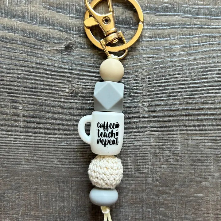 Coffee Teach Repeat Silicone Bead Wristlet Keychain