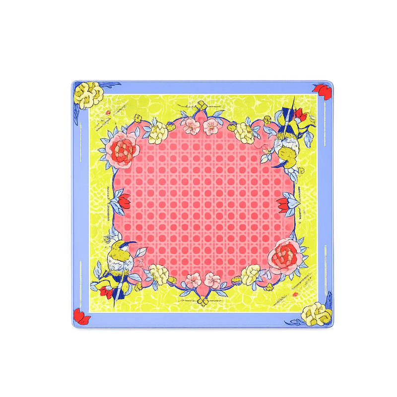 Colorful square mahjong mat with floral and cartoon designs on a white background