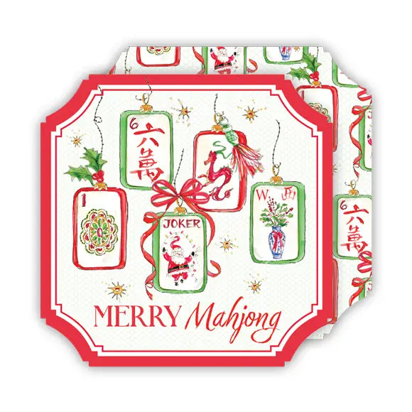 A stack of decorative paper napkins featuring a Christmas-themed mahjong tile pattern with red borders, green accents, playing card illustrations, and the words “MERRY Mahjong” on a white background.