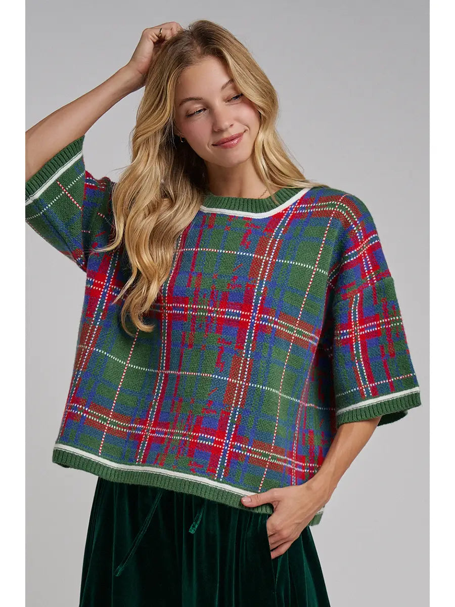 Holiday Christmas Plaid Drop Shoulder Sweater