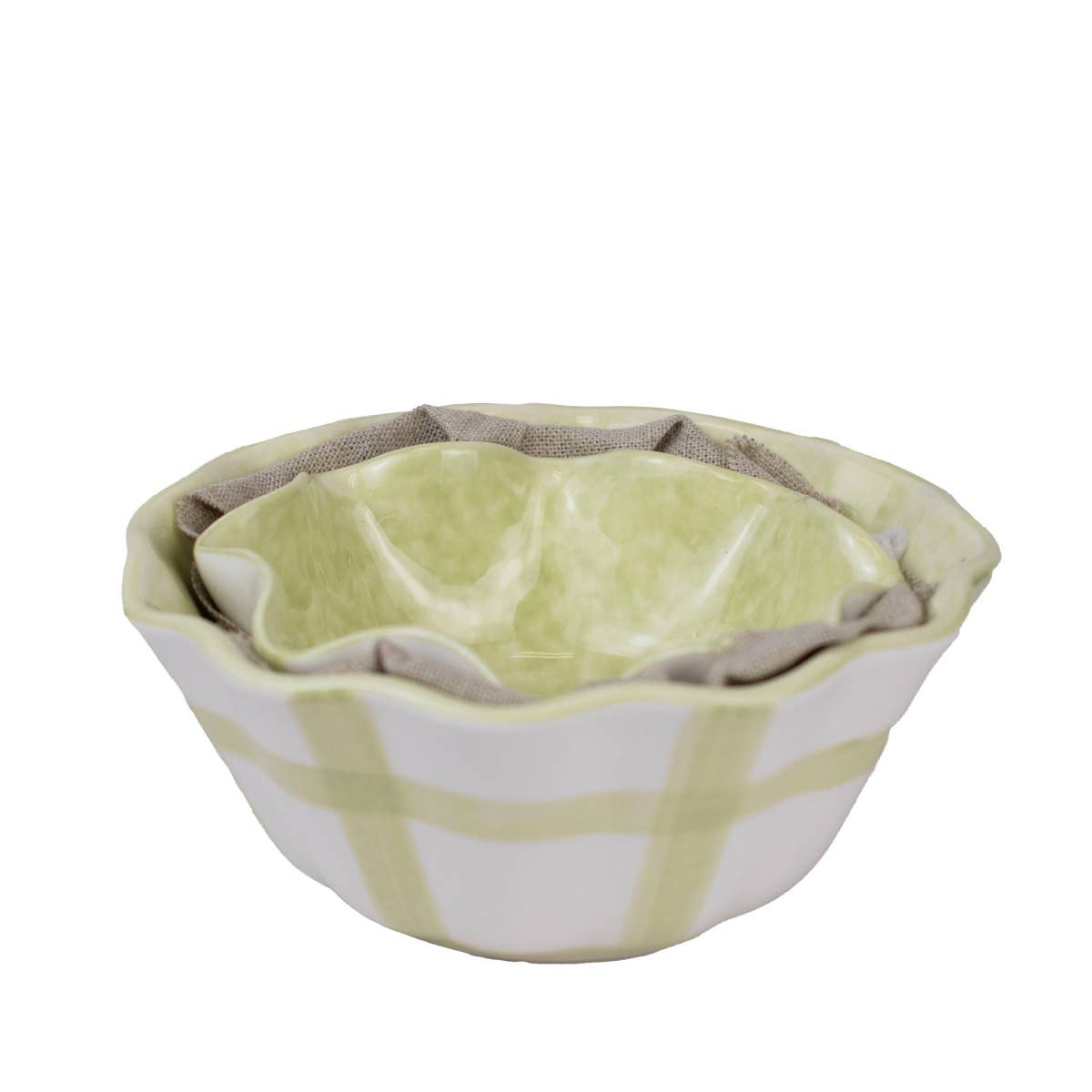 Green and white patterned pet bed on a white background