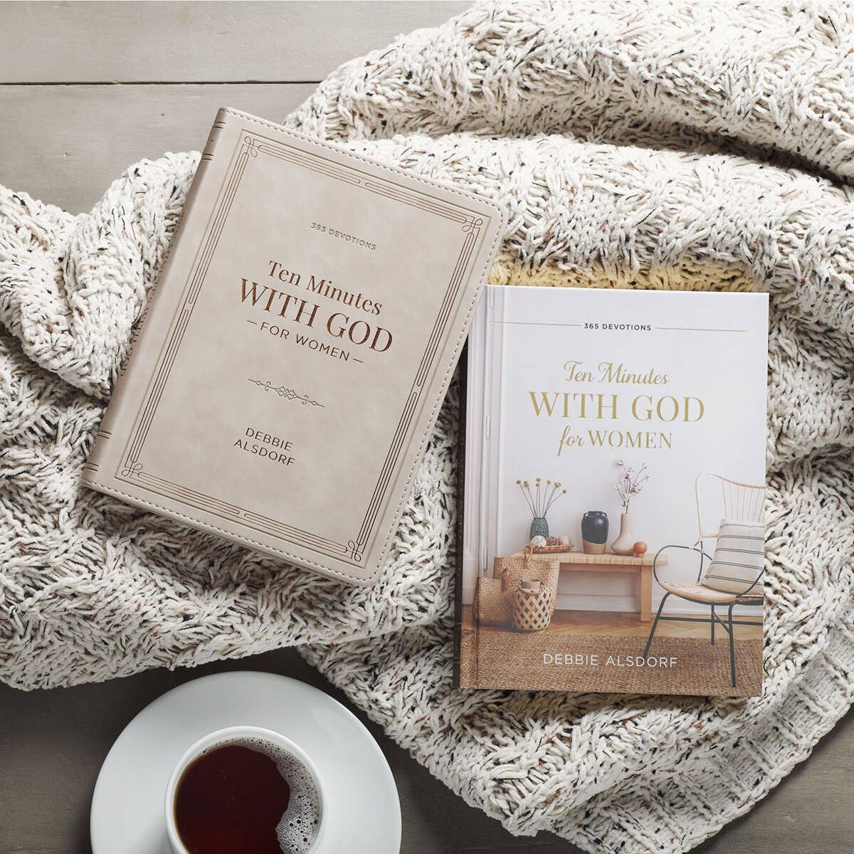 Two books titled 'Ten Minutes with God for Women' by Debbie Alsdorf on a textured blanket with a cup of coffee.