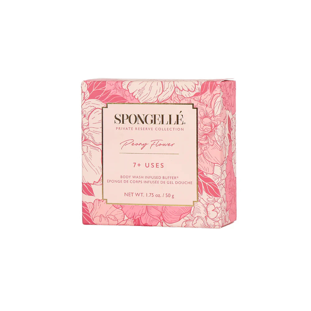 Spongellé soap sponge packaging with floral design on a white background