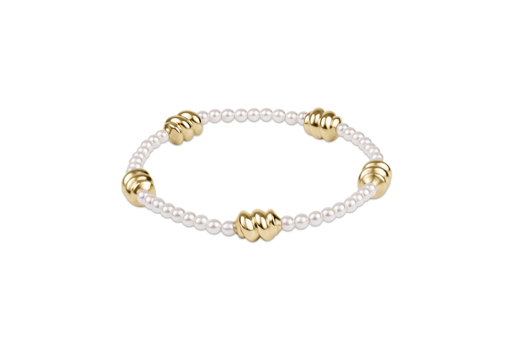 Bracelet with alternating gold and pearl beads on a white background