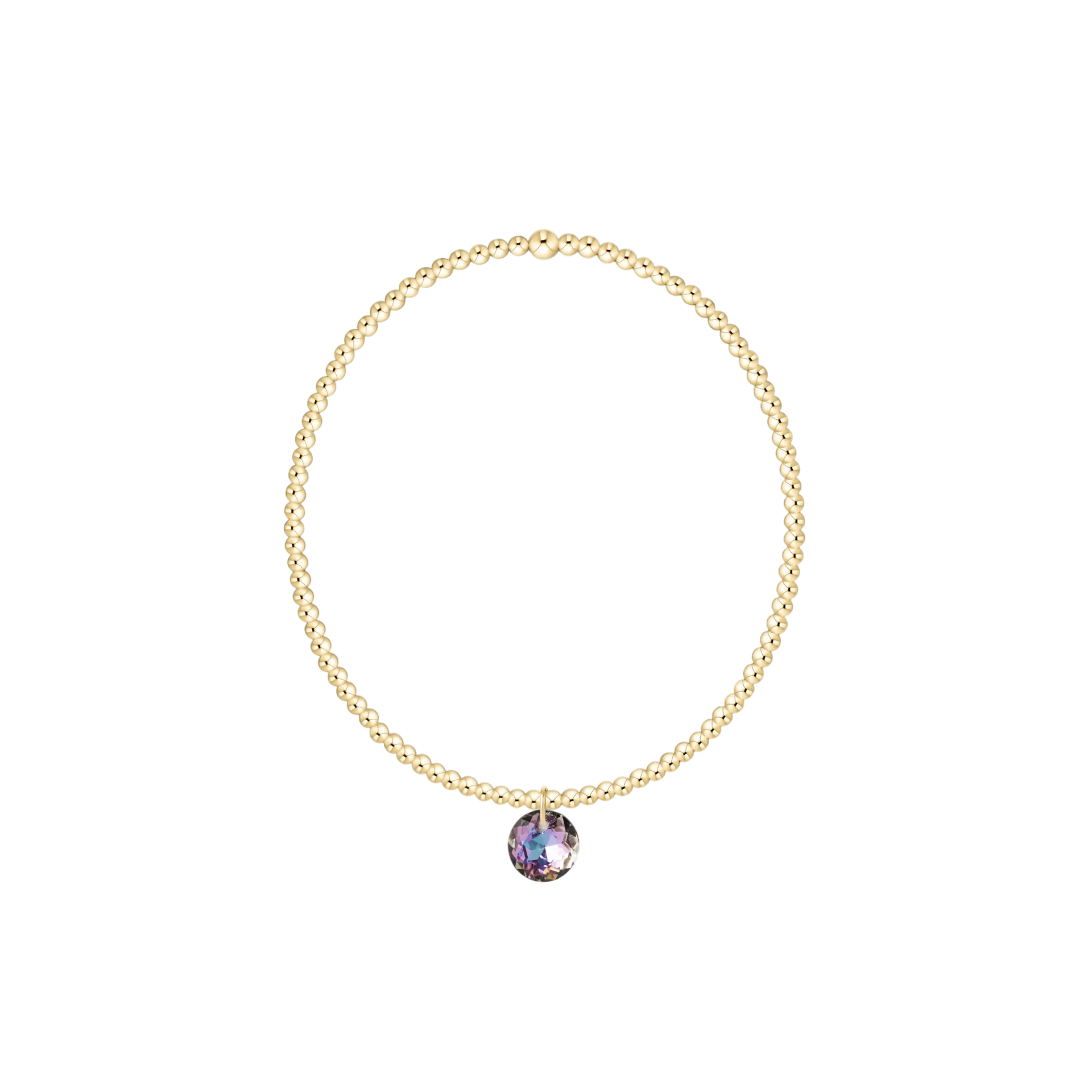 Gold necklace with a purple pendant on a white background