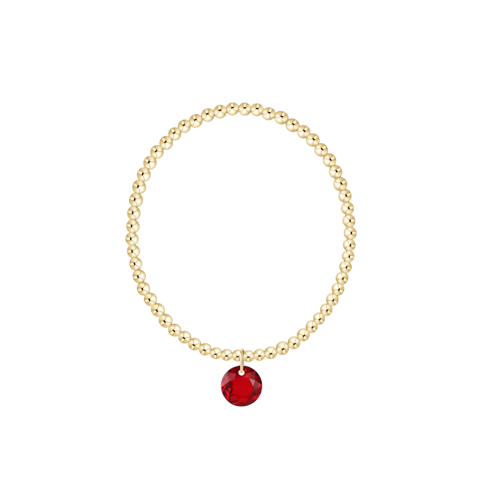 Gold beaded bracelet with red gemstone charm