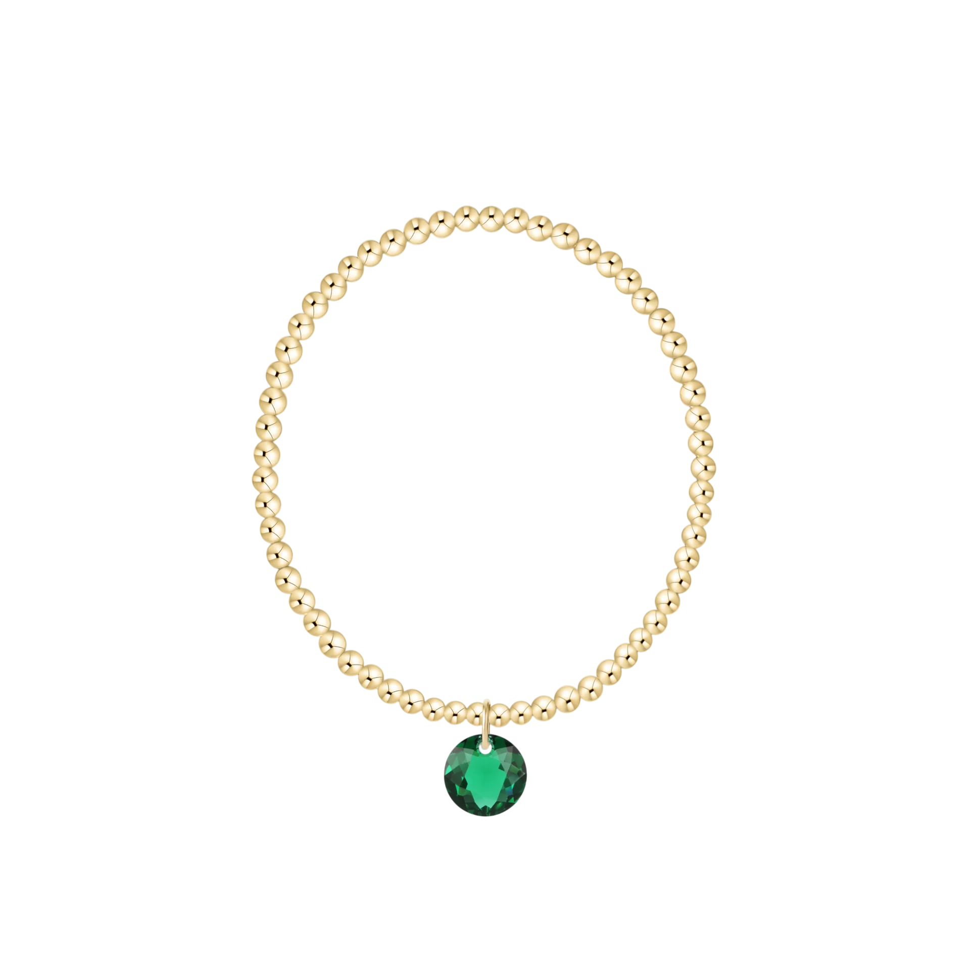 Gold bracelet with a green gemstone on a white background