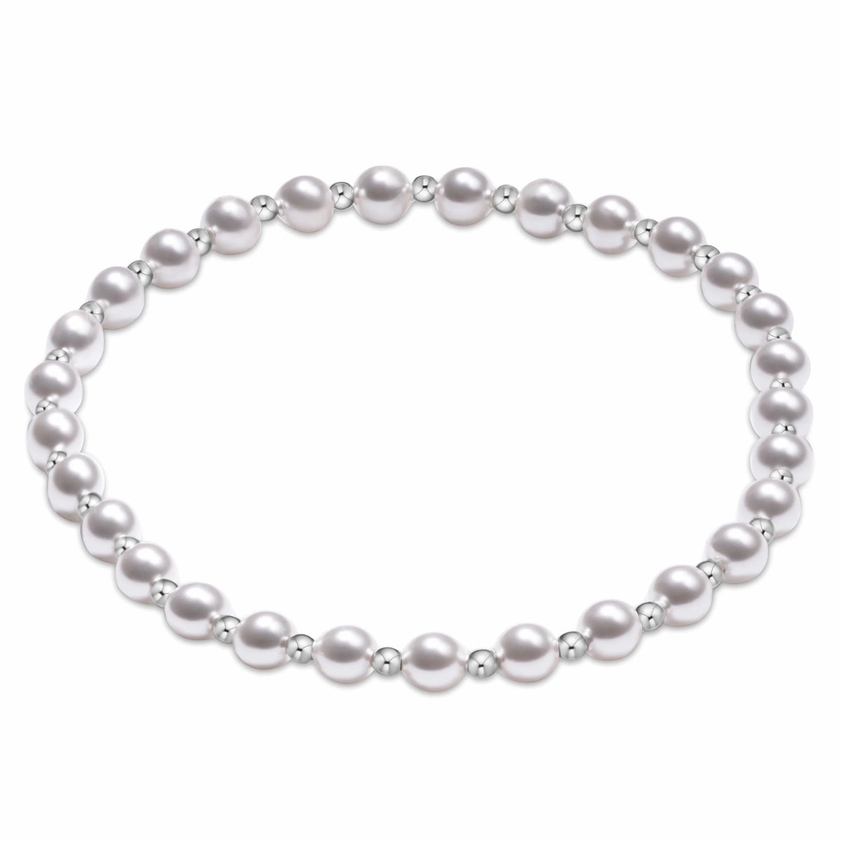 A silver beaded bracelet with alternating large and small round beads, arranged in a circle on a plain white background.