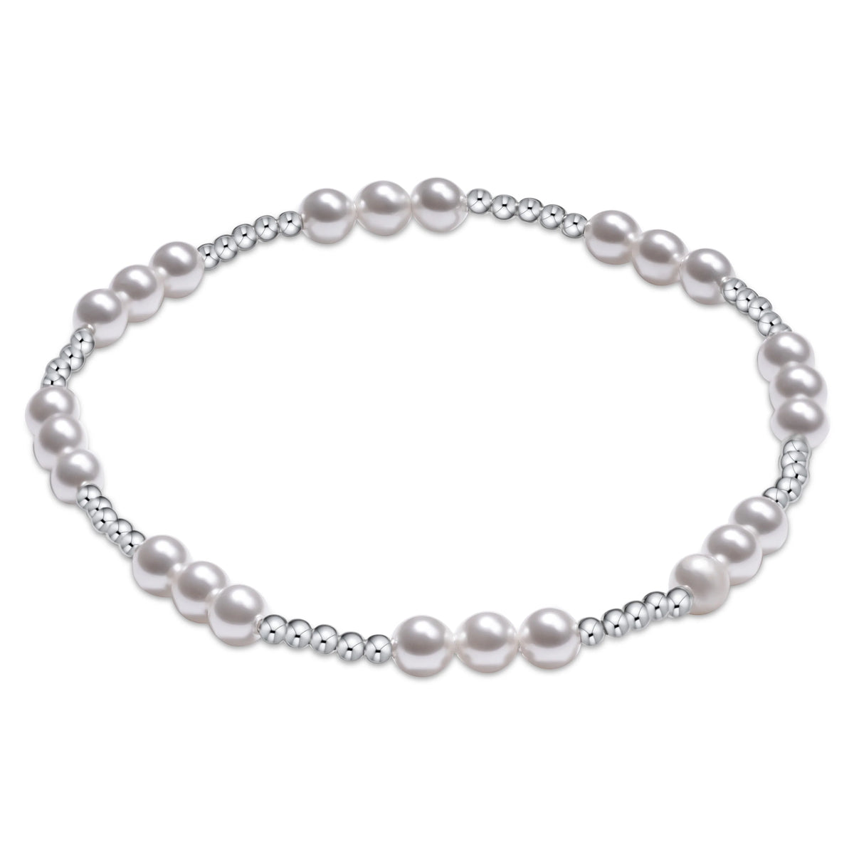 A delicate silver-toned beaded bracelet featuring alternating smooth round pearls and tiny metallic beads, displayed on a clean white background.