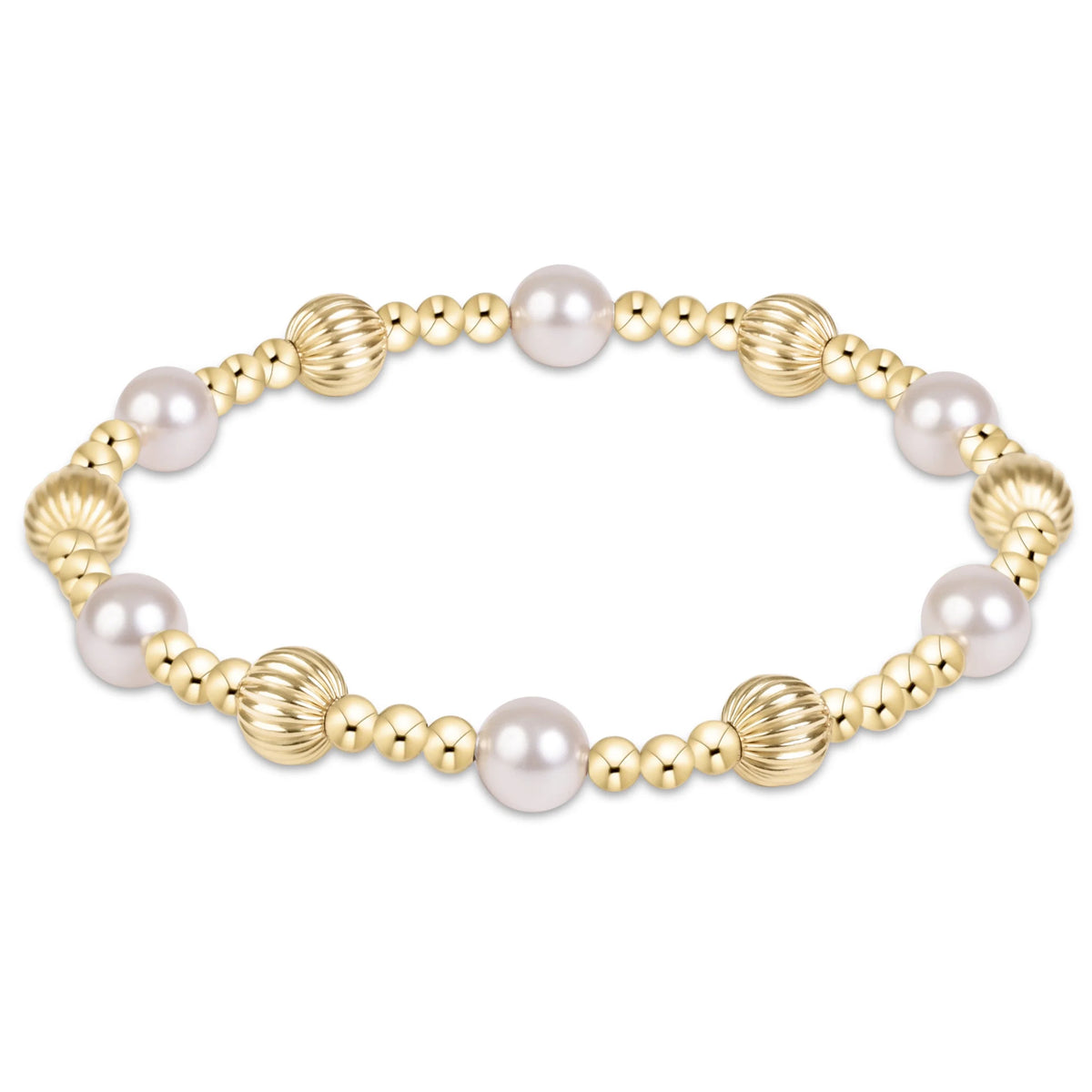 Gold beaded bracelet with alternating larger gold and pearl beads on a white background.